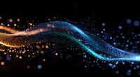 Glowing wave of particles flowing with orange and blue light effects against dark background, creating dynamic motion and energy visualization.