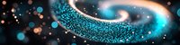 Glowing turquoise particles swirl in spiral formation against dark background with bokeh light effects, creating dynamic cosmic motion and energy flow pattern.