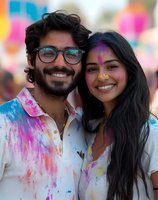 Young diverse couple covered in colorful powder paint celebrating at festival, wearing white clothes and smiling joyfully during outdoor celebration.