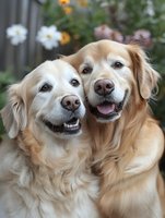 Two golden retriever dogs with light cream-colored coats pose together outdoors in a garden setting with blooming flowers and green foliage in the background. Both dogs display happy, friendly expressions with their mouths open in smiles, showcasing their gentle and affectionate nature. Use for pet care, veterinary services, dog training, or animal companionship content.
