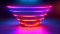 Glowing neon spiral staircase shape in vibrant red and pink colors against dark background with blue light effects creates futuristic atmosphere.