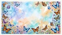 Watercolor butterfly border frame with colorful monarchs and florals on pastel background for spring design projects and decorative artwork.