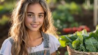 Young woman in denim overalls and white blouse smiling in garden setting with fresh vegetables and natural sunlight creating warm backlit glow through long brown hair.