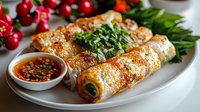 Fresh spring rolls filled with vegetables and herbs served on white plate with spicy dipping sauce, garnished with red radishes and green onions.