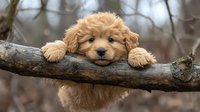 Adorable golden doodle puppy resting head and paws on tree branch in autumn forest setting, displaying cute sleepy expression with fluffy fur and sweet demeanor.
