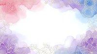 Watercolor floral frame with pink purple blue gradient background and white center space for text or design elements.