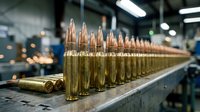 Rifle ammunition bullets lined up in manufacturing facility with copper tips and brass casings ready for quality control inspection in industrial setting.