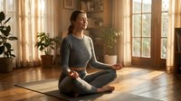 Woman in gray athletic wear practicing yoga meditation in sunlit home studio with wooden floors and potted plants, suitable for wellness, mindfulness, fitness and lifestyle content.