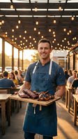 Smiling male chef in denim apron holding grilled meat platter at outdoor restaurant with string lights and dining customers during golden hour sunset.