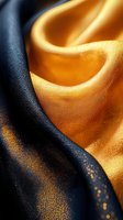 Luxurious silk fabric with flowing golden and dark blue textile waves creating elegant drapes and soft curves for fashion and interior design projects.