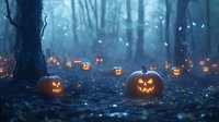 Glowing jack-o-lanterns scattered across misty forest floor at dusk, creating eerie Halloween atmosphere with orange lights contrasting against blue fog.