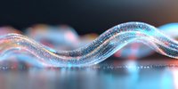 Glowing digital wave with particles flowing in curved motion against dark background, featuring blue and pink neon lights and bokeh effects.