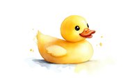 Yellow rubber duck toy with soft watercolor effect and gentle shadow on white background, isolated design element for nursery art and children decor.