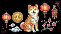 Shiba Inu dog with traditional Asian decorative elements including red lanterns, gold coin, cherry blossoms, and ornamental details. Isolated on transparent background, ready for t-shirts, clipart, stickers, and print-on-demand designs.