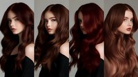 Young woman with luxurious wavy brown hair shown in four different shades from dark chocolate to auburn, demonstrating professional hair coloring variations and styling.