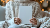 Woman in cozy knit sweater holding blank white card with warm bokeh lights in background, perfect for holiday greeting cards and seasonal marketing campaigns.