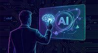 Businessman interacting with holographic AI interface displaying brain and neural networks on futuristic digital circuit board background.