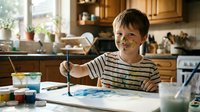 Young Caucasian boy painting at kitchen table, face covered in colorful paint, smiling joyfully. Creative childhood art activity at home.