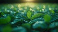 Fresh green leaves with morning dew drops in soft bokeh light. Natural macro photography showing plant growth and environmental freshness in dreamy atmosphere.