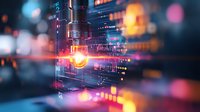 Futuristic technology concept with glowing circuit patterns and digital data streams against dark background with bokeh lights and neon elements.