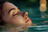 Young Asian woman relaxing in turquoise pool water with closed eyes and peaceful expression, soft bokeh lights create dreamy atmosphere. Perfect for wellness spa.