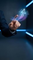 Businessman finger touching holographic growth arrow with glowing effects representing business success, digital transformation and financial progress.