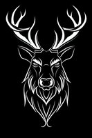 Stylized white deer head with antlers on black background, geometric tribal design pattern. Isolated vector artwork ready for t-shirts and merchandise.