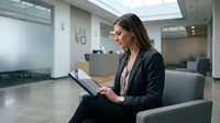 Professional businesswoman reading documents in modern office lobby waiting area for corporate meetings and business appointments.