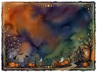 Halloween watercolor background with spooky haunted house, pumpkins, ghosts and bats in orange purple gradient sky for seasonal greeting cards and decorations.