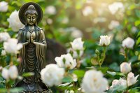 Bronze Buddha statue in prayer pose surrounded by blooming white roses in peaceful garden setting for meditation and spiritual wellness concepts.