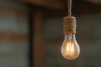 Vintage style LED filament bulb hanging on rope with warm glowing light against blurred background, creating cozy rustic atmosphere for interior design.