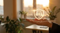 Businesswoman holding glowing home security shield icon with digital particles, representing smart home protection and safety technology for residential properties.