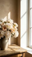 Elegant bouquet of cream and peach peonies in ceramic vase on rustic wooden table by window with natural sunlight creating warm shadows on neutral wall.