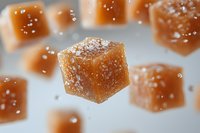 Salted caramel candy cubes floating in space with sea salt crystals scattered on surface, macro food photography on light background for confectionery marketing.