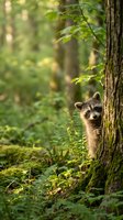 Curious raccoon peeking from behind tree trunk in lush green forest with dappled sunlight filtering through canopy creating peaceful woodland scene.