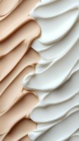 Smooth creamy texture of foundation and concealer swatches showing soft waves and curves in beige and white tones, macro photography for cosmetic advertising.