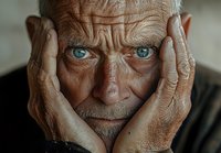 Close-up portrait of elderly man with intense blue eyes holding face in hands, showing deep wrinkles and weathered skin expressing worry or contemplation.