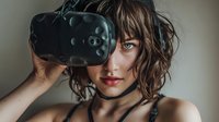 Young Caucasian woman with tousled hair holding virtual reality headset over one eye, wearing choker necklace against neutral background.