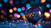 Crystal ball reflecting city lights against blurred bokeh background with colorful defocused lights creating magical atmosphere for fortune telling and divination concepts.