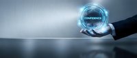Businessman hand holding glowing confidence hologram sphere with futuristic digital interface technology concept for professional development and self-assurance.