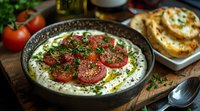 Fresh labneh topped with sliced tomatoes, herbs, olive oil and za'atar spices served in rustic bowl with pita bread on wooden board, middle eastern cuisine.