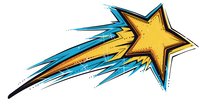 Yellow shooting star with dynamic blue motion trails and black outline in graffiti style on white background, isolated design element for creative projects.