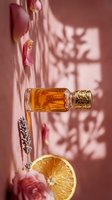 Luxury amber perfume bottle with ornate cap surrounded by dried lavender, orange slice and rose petals on pink background with soft natural shadows.