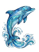 Ornate dolphin with decorative swirls and wave patterns in shades of blue, isolated on white background, suitable for t-shirt designs, clipart, and creative projects.