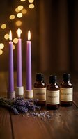Purple candles and essential oil bottles with lavender sprigs on wooden surface creating warm spa atmosphere with golden bokeh lights in background.