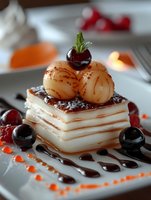 Layered vanilla cream dessert with caramelized pear spheres, dark cherries, and chocolate sauce drizzle on white plate, garnished with mint leaf and fresh berries.