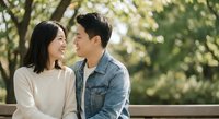 Happy Asian couple sitting together on park bench sharing intimate moment outdoors in natural sunlight for romantic lifestyle content.