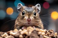 Curious gerbil peeking over pile of seeds and nuts with colorful bokeh lights in background, close up portrait showing adorable whiskers and bright eyes.