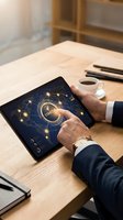 Businessman in dark suit touching tablet screen displaying AI startup interface with glowing network nodes on wooden desk with coffee cup and notebooks.