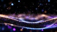 Glowing wave of sparkling particles with purple and blue light trails against dark background creates magical cosmic atmosphere.